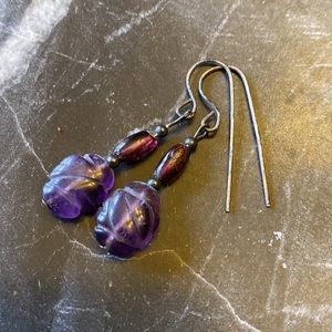 Earrings dangly carved amethyst, garnet beads, oxidized silver hand made NEW